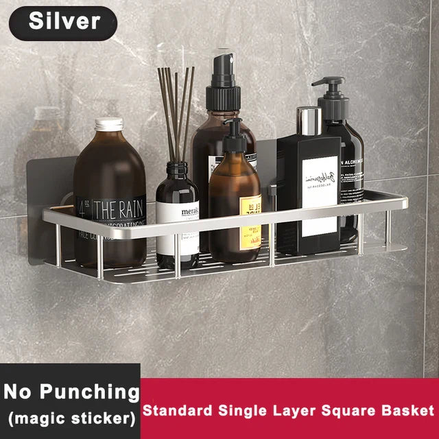 Bathroom Shelf No Drilling Sticker Wall Mounted Rack Hanger Space Aluminum Makeup Organizer Storage Square Basket Bath Shelves