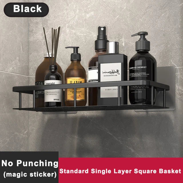 Bathroom Shelf No Drilling Sticker Wall Mounted Rack Hanger Space Aluminum Makeup Organizer Storage Square Basket Bath Shelves