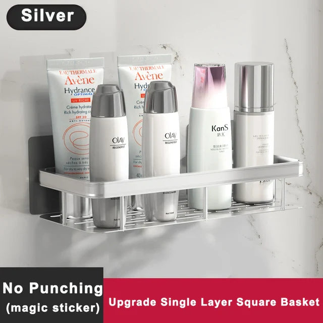 Bathroom Shelf No Drilling Sticker Wall Mounted Rack Hanger Space Aluminum Makeup Organizer Storage Square Basket Bath Shelves