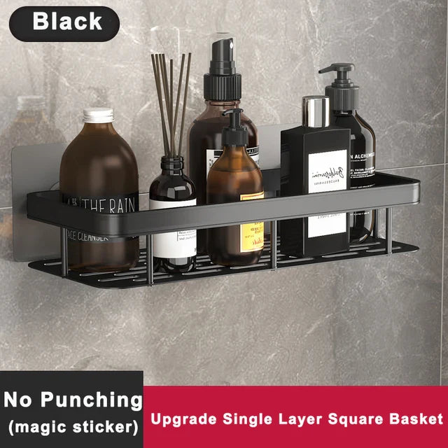 Bathroom Shelf No Drilling Sticker Wall Mounted Rack Hanger Space Aluminum Makeup Organizer Storage Square Basket Bath Shelves