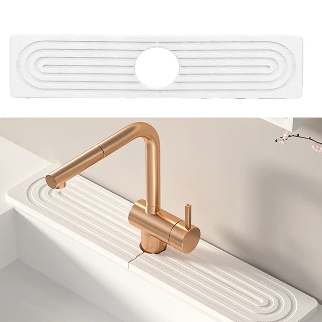 Quick Dry Diatomaceous Earth Faucet Mat for Kitchen Sink, Absorbent Sink Splash Guard Tray (White, 15.5x4 inches)