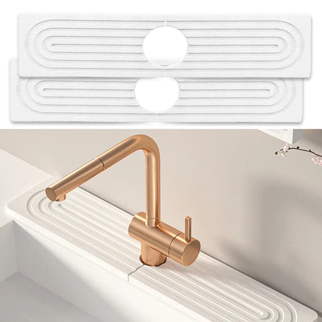 Quick Dry Diatomaceous Earth Faucet Mat for Kitchen Sink, Absorbent Sink Splash Guard Tray (White, 15.5x4 inches)