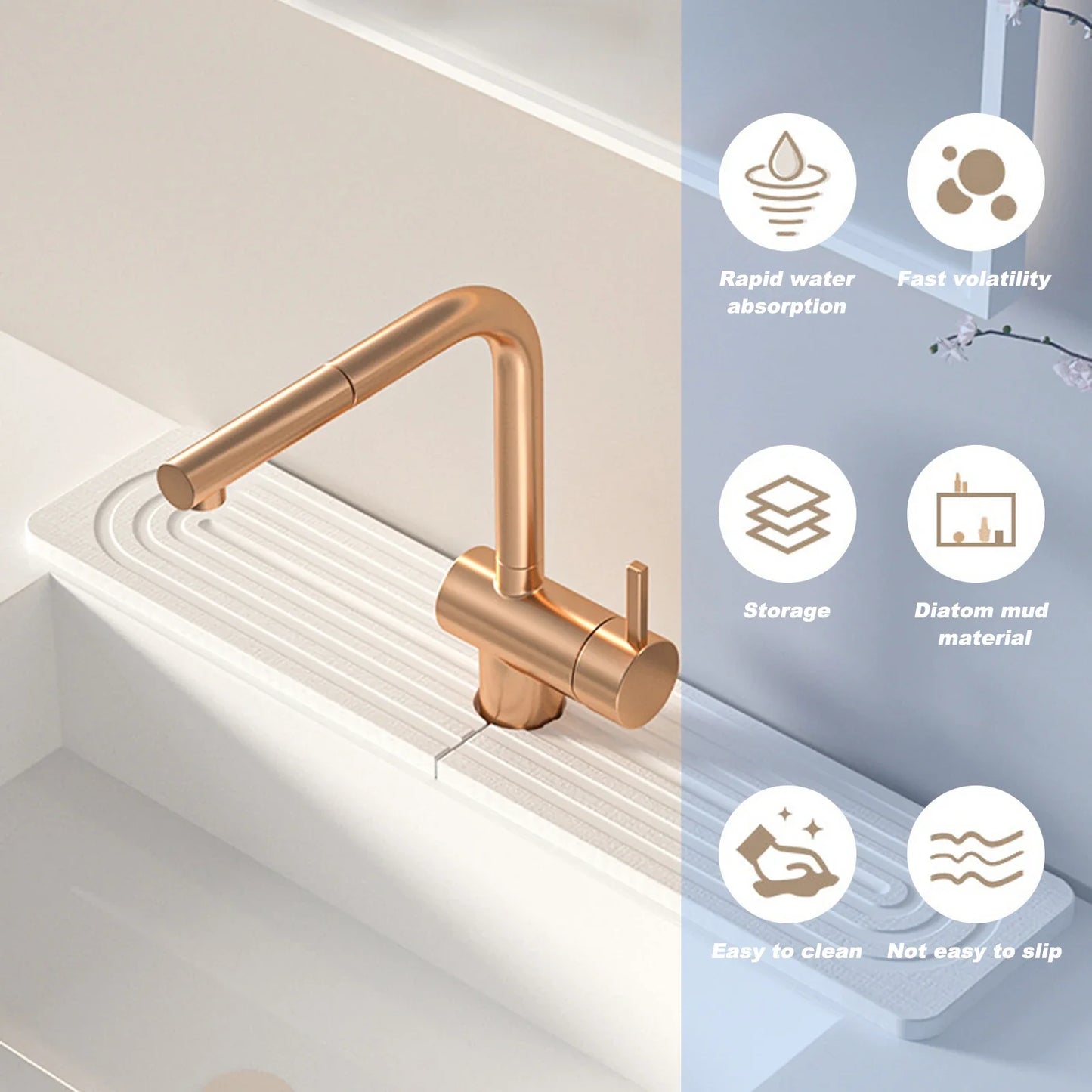 Quick Dry Diatomaceous Earth Faucet Mat for Kitchen Sink, Absorbent Sink Splash Guard Tray (White, 15.5x4 inches)