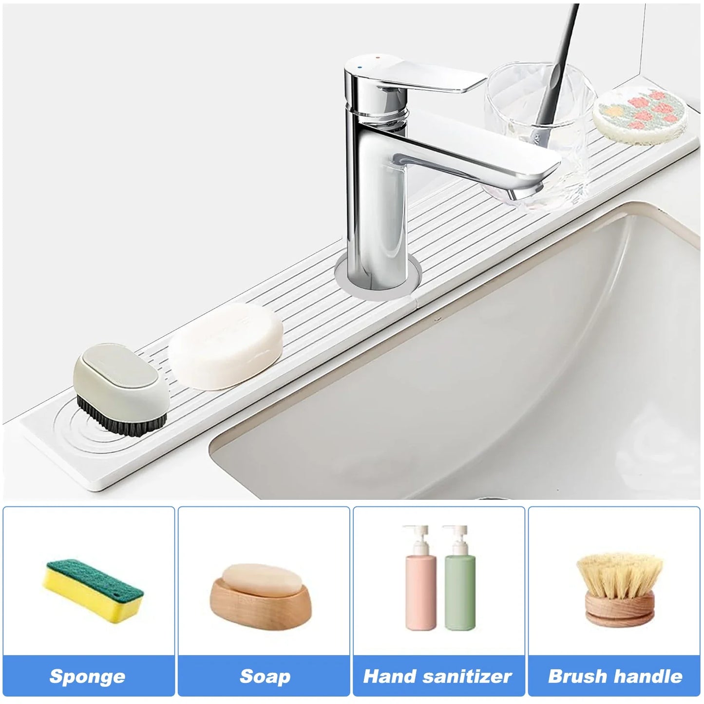 Quick Dry Diatomaceous Earth Faucet Mat for Kitchen Sink, Absorbent Sink Splash Guard Tray (White, 15.5x4 inches)