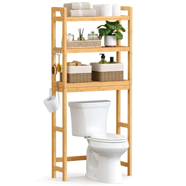 SONGMICS Over The Toilet Storage, 3-Tier Bamboo Over Toilet Rack Bathroom Organizer With Adjustable Shelf, Fit Most Toilets,
