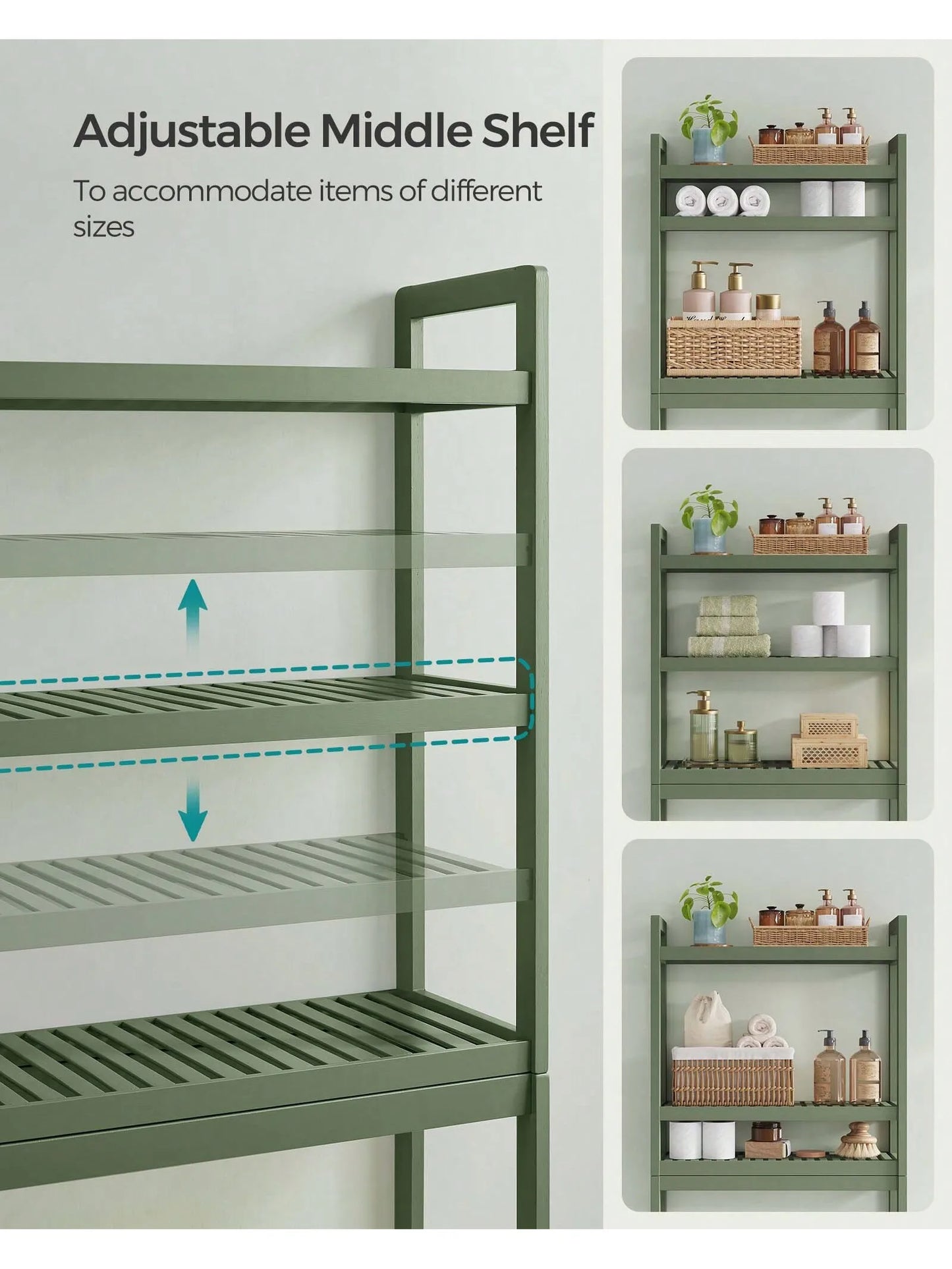 SONGMICS Over The Toilet Storage, 3-Tier Bamboo Over Toilet Rack Bathroom Organizer With Adjustable Shelf, Fit Most Toilets,